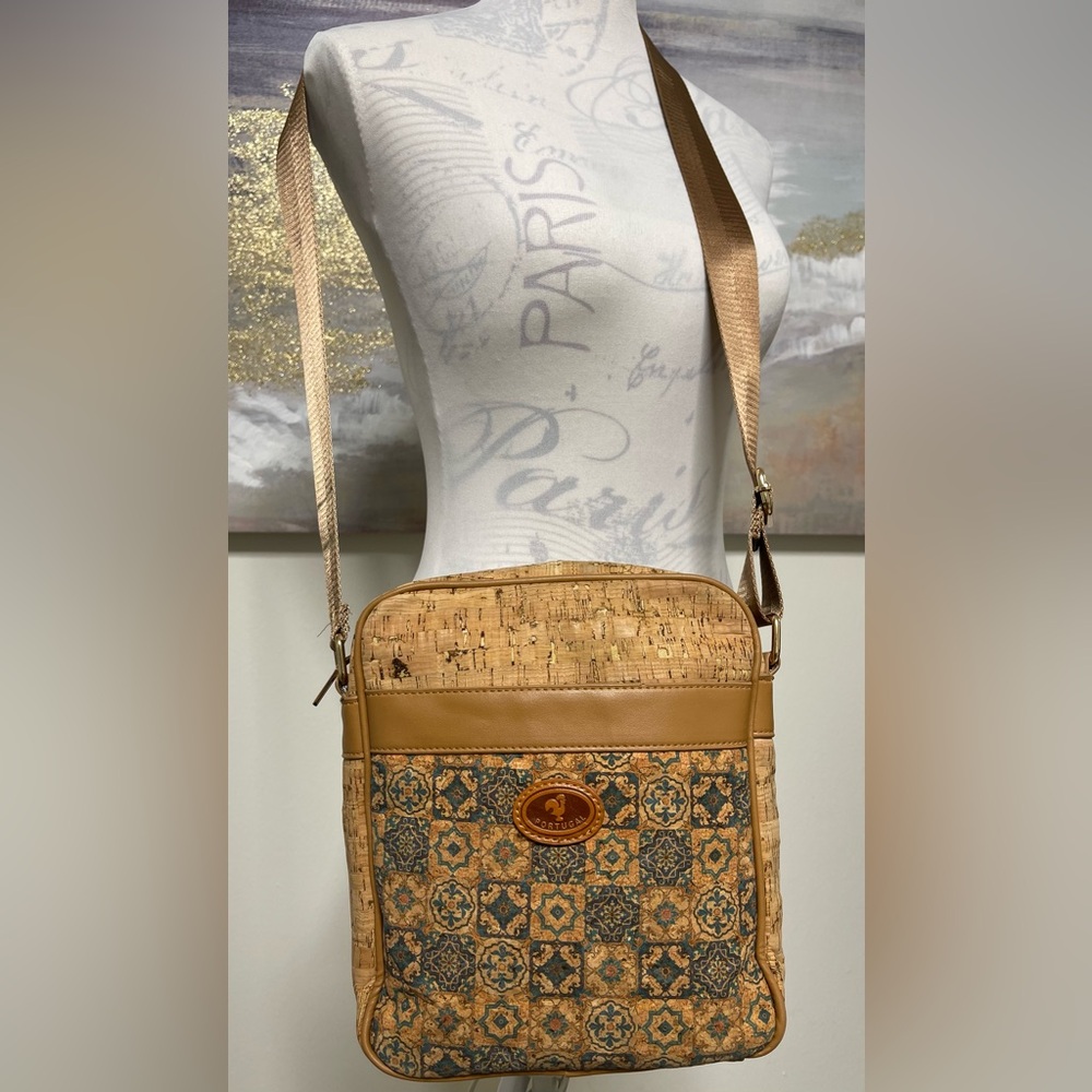 CORK Crossbody Bag from Portugal, camel colors with blue pattern